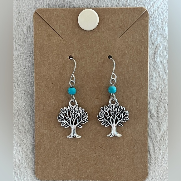 Boho Tribal Silver and Turquoise Color Trees Drop Dangle Earring 1.5” - Picture 1 of 3